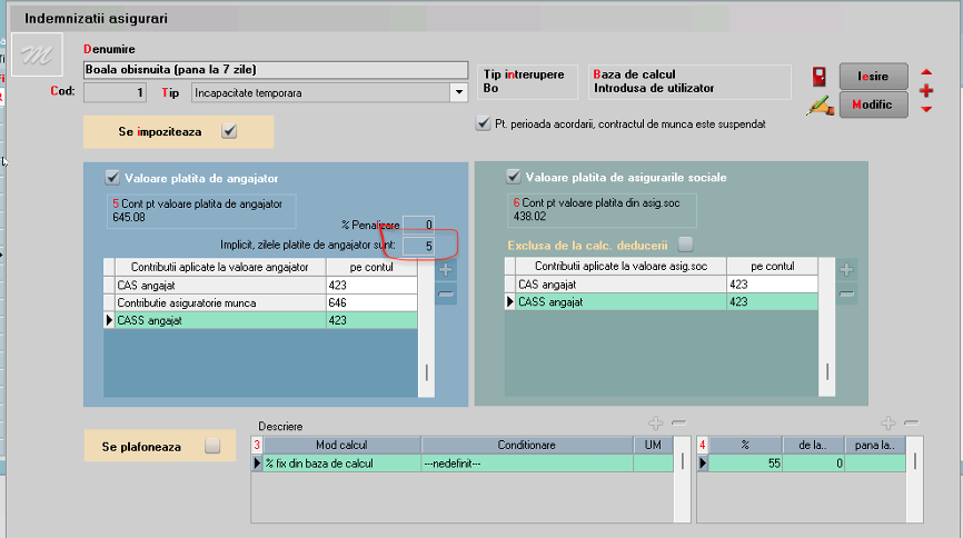 WinMENTOR - configurare indemnizație - zile plătite de angajator (ex. 5 zile)